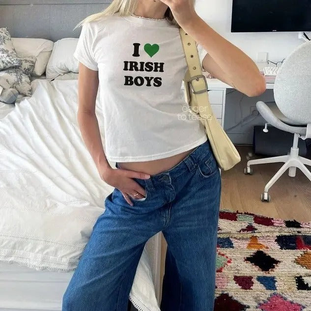 I Love Irish Boys Baby Tee St Paddys Day y2k Baby Tee St. Patrick's Day Baby Tee Cotton Fit