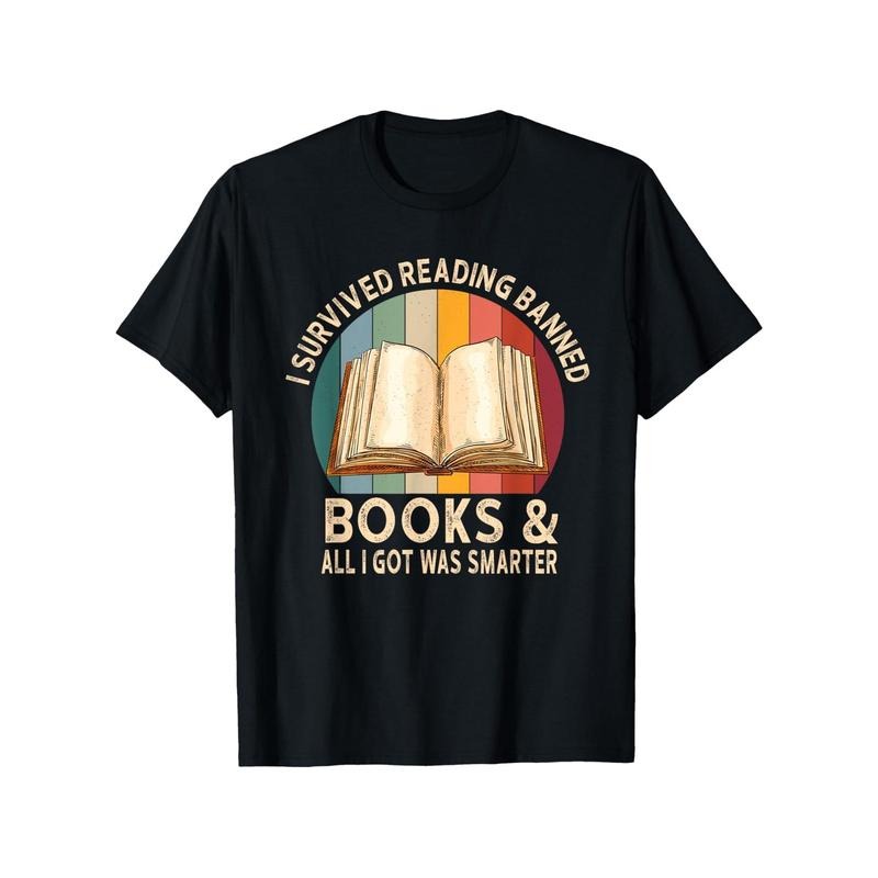 "I Survived Reading Banned Books" T-Shirt, 100% Cotton, Adult Casual Crew Neck, Short Sleeve, All-Season, Black Printed Tee, Regular Fit, No Padding, 180gsm Knit Fabric, Ideal Gift for Thanksgiving, Christmas, New Year Made in USA