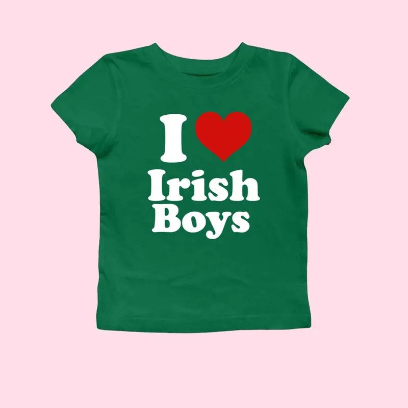 I love Irish Boys St Paddys Baby Tee, Y2K 2000's Style Tee, St. Patrick's Day Baby Tee, Women's Fitted Top Luck of Irish Tee