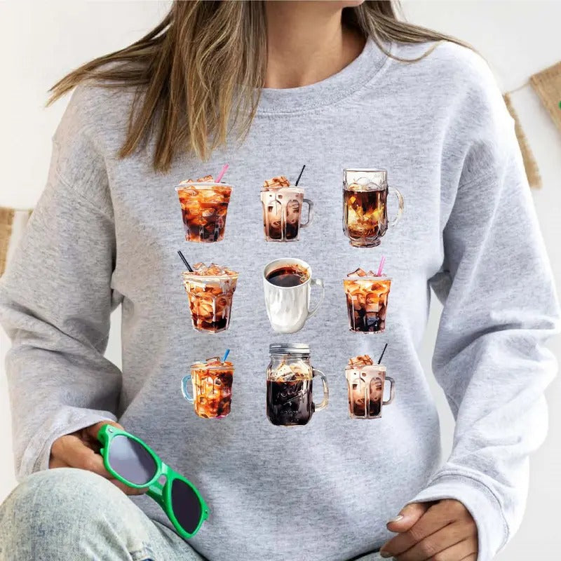 Iced Coffee Sweatshirt, Coffee Lover Hoodie, Trendy Coffee latte Sweater, Unisex Coffee Cups Long Sleeve, Coffee Addict Gift Sweatshirt.