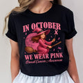 In October We Wear Pink Shirt Breast Cancer Awareness T-Shirt Halloween Pink Ribbon Tee with Witch Design