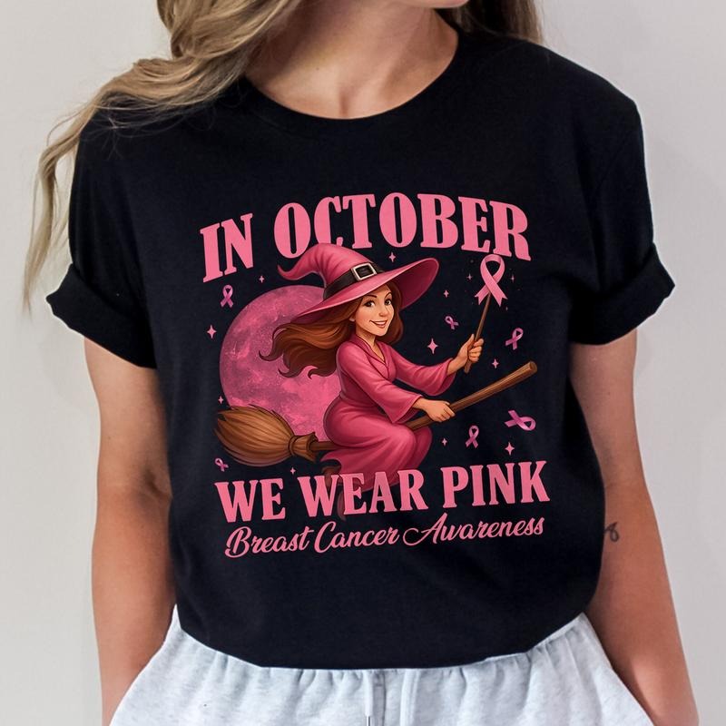 In October We Wear Pink Shirt Breast Cancer Awareness T-Shirt Halloween Pink Ribbon Tee with Witch Design