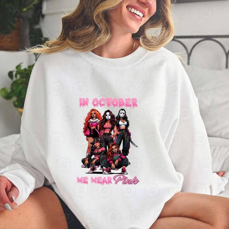 In October We Wear Pink Shirt, Bad Girls Halloween Characters Breast Cancer Month Halloween Funny Halloween Characters Shirt