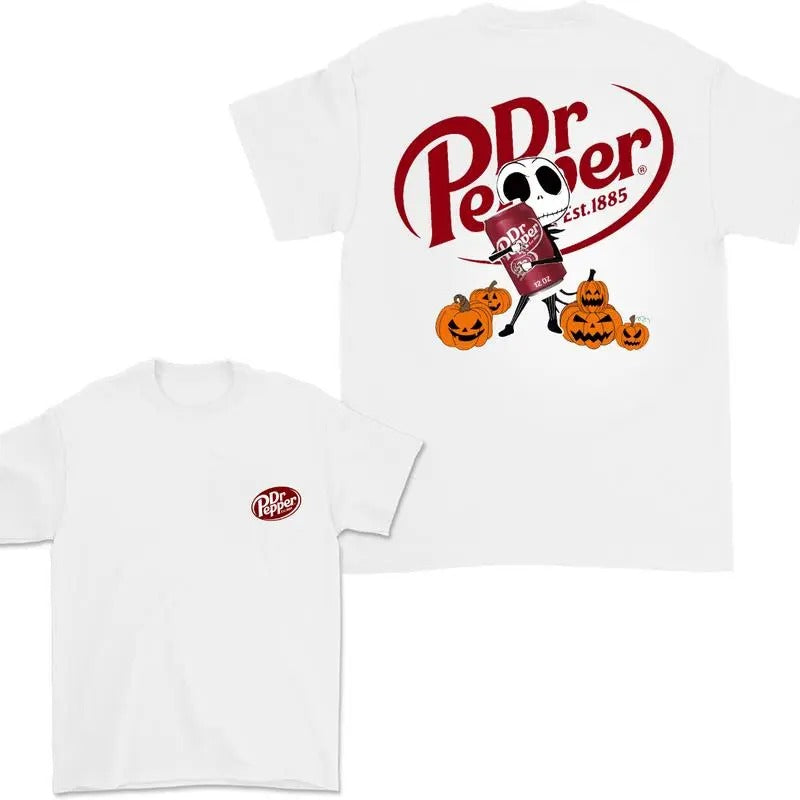 Jack Hug Dr.Pepper Skellington Halloween Double Sided T-shirt, Skeleton Dr Pepper T-shirt Full Color , Dr Pepper Halloween T-shirt For Men ANd Women