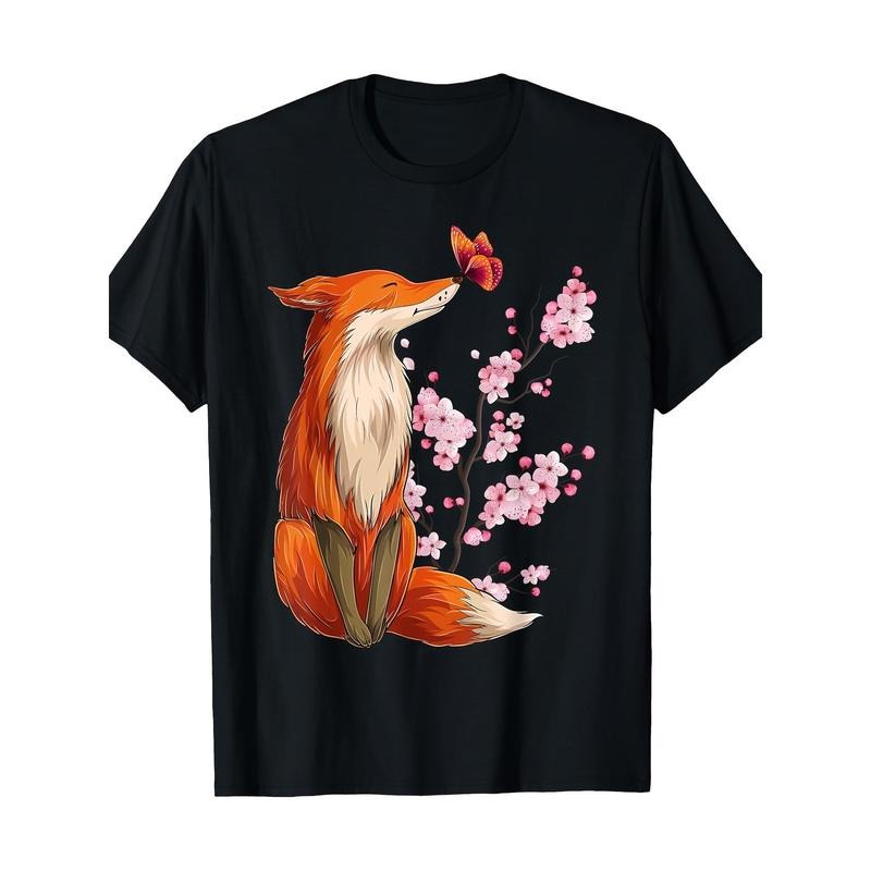 Japanese Cherry blossom Fox Flower Cherry tree Kawaii 100% cotton T-shirt Made in USA