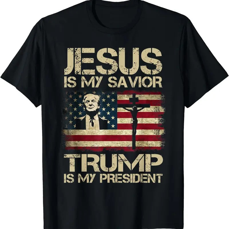 Jesus Is My Savior Trump Is My President Trump 2024 USA Flag T-Shirt, Unisex Cotton Tee, Menswear Top