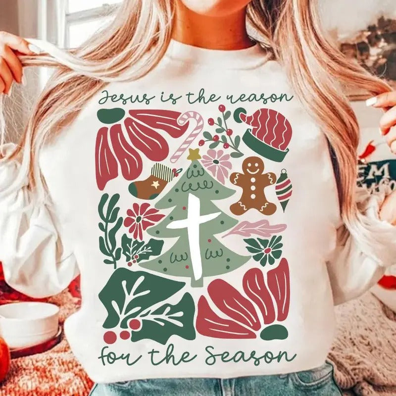 Jesus is the Reason Boho Floral Christmas Sweatshirt, Be The Light, Christian Xmas, Jesus Christmas Cross, Dalmatian Dots, Christmas Gift
