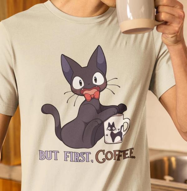 Jiji the Cat 'But First, Coffee.' Unisex Jersey Short Sleeve Tee | Kiki's Delivery Service Inspired T Shirt