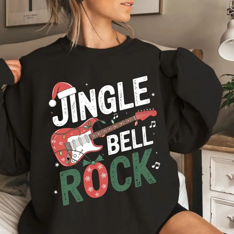 Jingle Bell Rock Christmas Theme Santa Hat Unisex Crewneck Sweater, Christmas Shirt for Men and Women