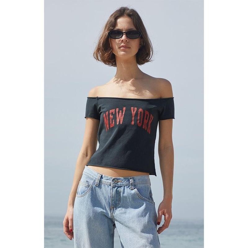 John Galt Women's Black Bonnie New York Off-The-Shoulder Top