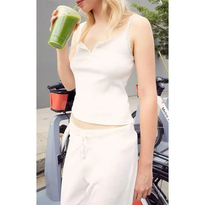 John Galt Women's White Amaya Lace Trim Tank Top