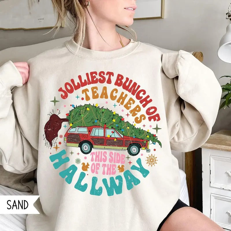 Jolliest Bunch Of Teachers This Side Of The Hallway Tshirt Sweatshirt, Purple Van Shirt, Teacher Christmas Shirt, Unisex Sweater Pullover Tee