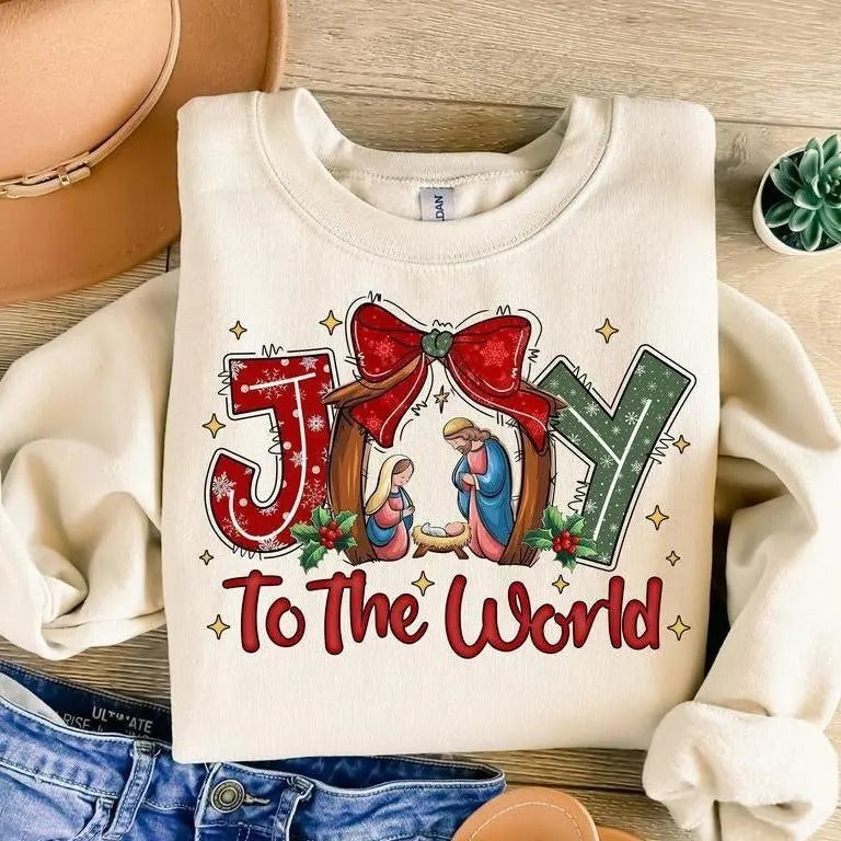 Joy To The World Christian Christmas Sweatshirt, Hoodie, T - Shirt, Coquette Jesus Christmas Sweater, Baby Jesus Shirt, Nativity Shirt