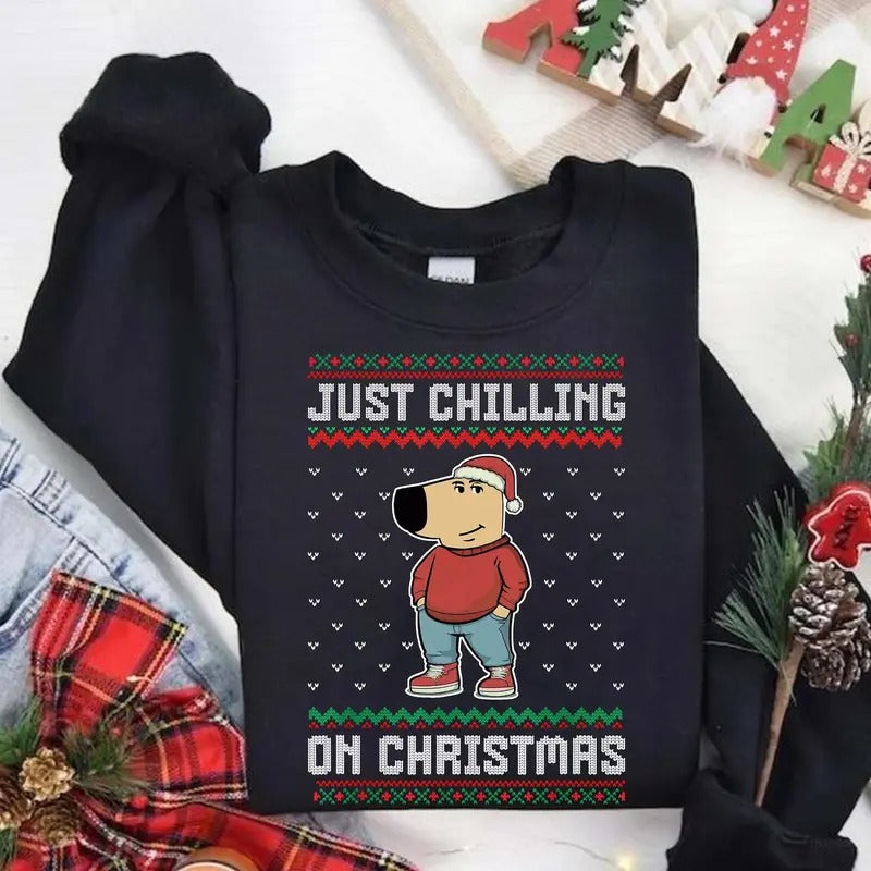 Just Chilling On Christmas Ugly Christmas Sweater Sweatshirt, Chill Guy Christmas Shirt, Funny Dog Cartoon Shirt, Tiktok Meme, Chill Guy Tee