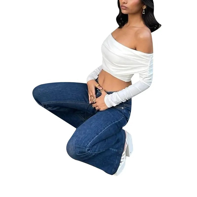 Female Crops Tops, Solid Color Boat Neck Long Sleeve Pullover Blouse for Spring Fall, White, S/M/L Breathable Polyester