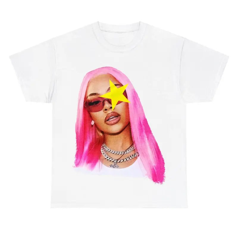 Latto pink hair yellow star shirt Cotton Fabric Top