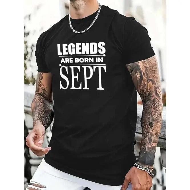 "Legend was born in September" pattern printing casual novel men's T-shirt, short-sleeved summer shirt, comfortable fit, fashionable street style round neck T-shirt, suitable for daily and outdoor. Made in USA