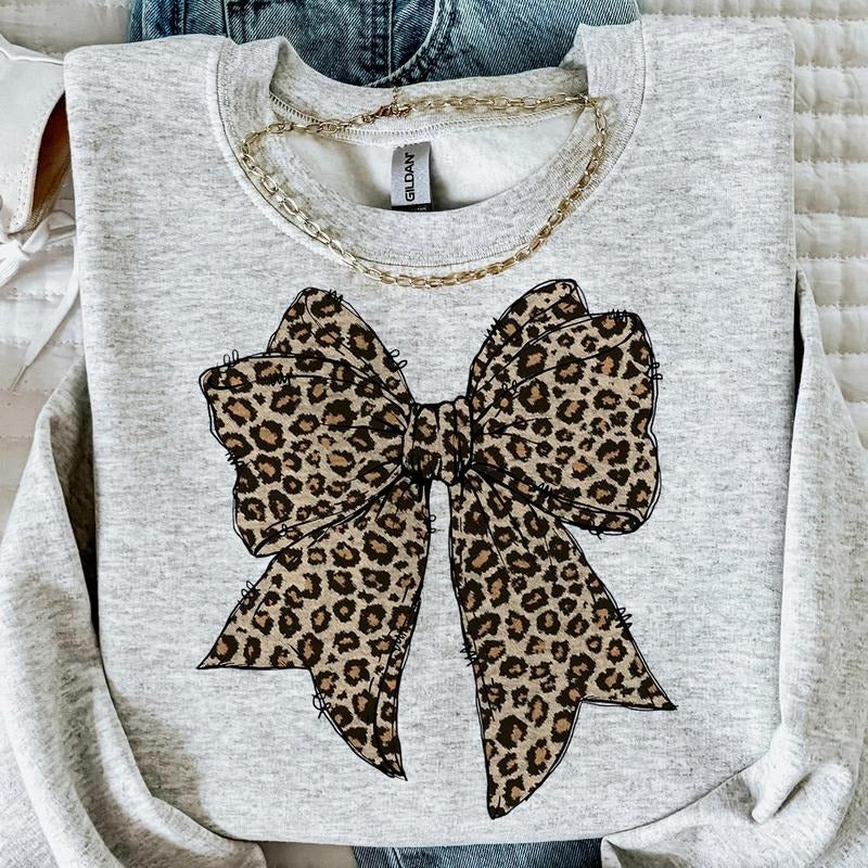 Leopard Coquette Bow Crewneck Shirt, Girly Bow Trending, Cheetah Bow Girl