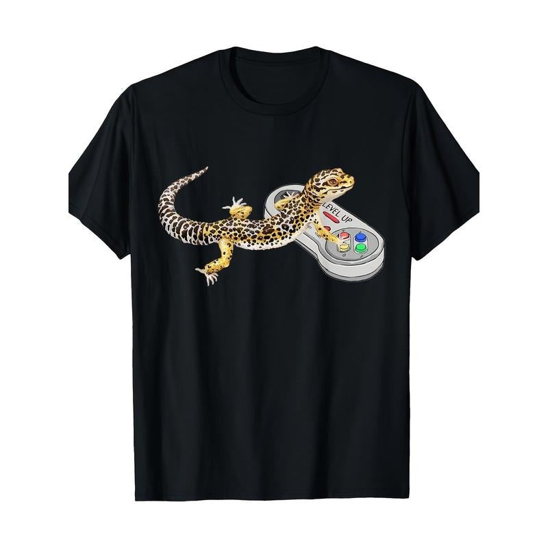 Leopard Gecko Playing Video Game Lizard &amp; Reptiles Gamers T-Shirt-220g made in usa