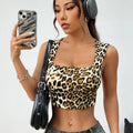 Leopard Print Crop Tops Square Neck Sleeveless Tank Top