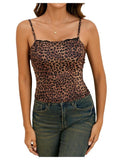 Leopard Print Lace Trim Sexy Tank Top Spaghetti Strap Cami Square Neck Sleeveless Camisole