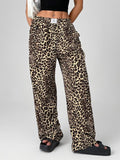 Letter Leopard Print Straight Leg Pants Elastic Waist Y2K Trousers Bottoms with Pockets