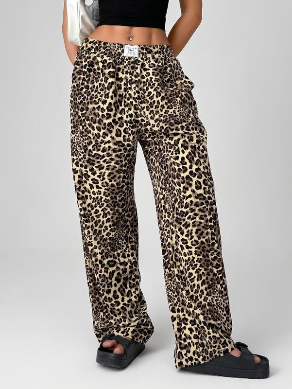 Letter Leopard Print Straight Leg Pants Elastic Waist Y2K Trousers Bottoms with Pockets
