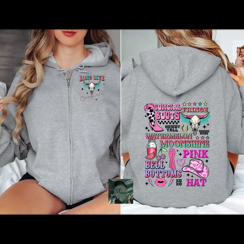 Long Live Cowgirls Zip Hoodie Black or Sport Grey