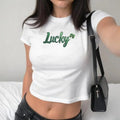 Lucky Baby Tee, Lucky Shamrock Green Baby Tee, Y2k Baby Tee, Sparkly Letters, St. Patrick's Day Shirt, St Paddys Day Apparel, Bar Shirt