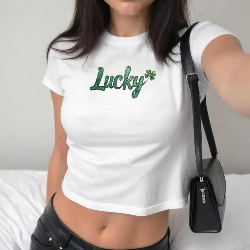 Lucky Baby Tee, Lucky Shamrock Green Baby Tee, Y2k Baby Tee, Sparkly Letters, St. Patrick's Day Shirt, St Paddys Day Apparel, Bar Shirt