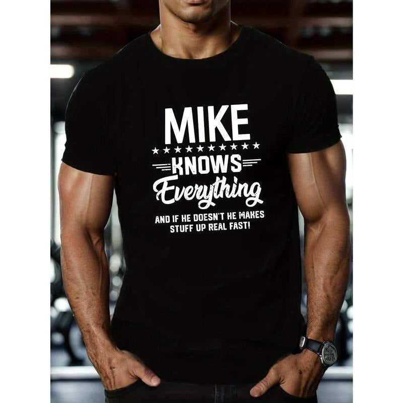 [MIKE Knows Everything Tee] Breathable Cotton Blend Graphic Tee - Men's 'MIKE Knows Everything' Casual Short Sleeve...
