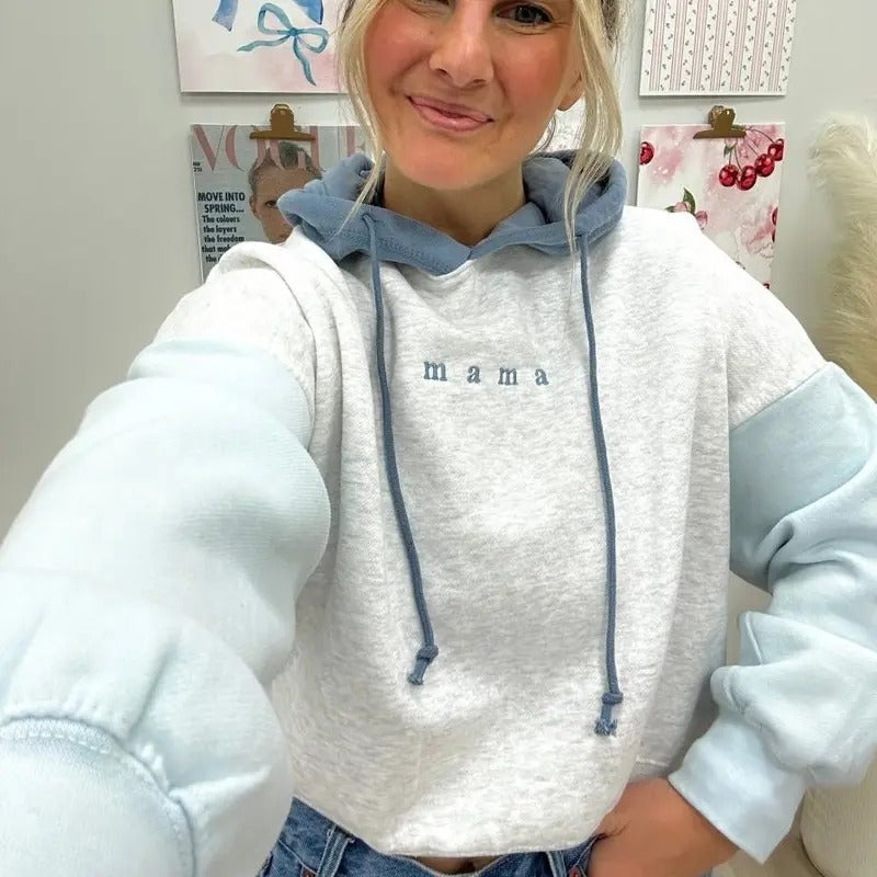 Mama Embroidered Cropped Colorblock Hoodie