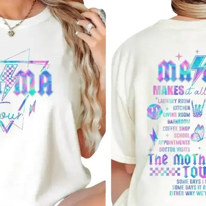 Mama Tour T-shirt - Casual Crewneck Top with Graphic Design Featuring "MAMA" and "MAKES IT ALL HAPPEN" Text