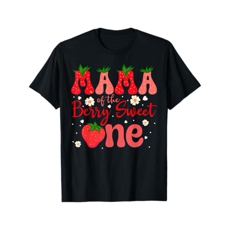 Mama of the Berry Sweet One Strawberry First Birthday Family T-Shirt T-Shirt for Men Women, Christmas Thanksgiving New Year Birthday T-Shirt Gifts for Mom Dad Men Women Friends, Unisex Black Soft Fabric, 100% Cotton made in usa