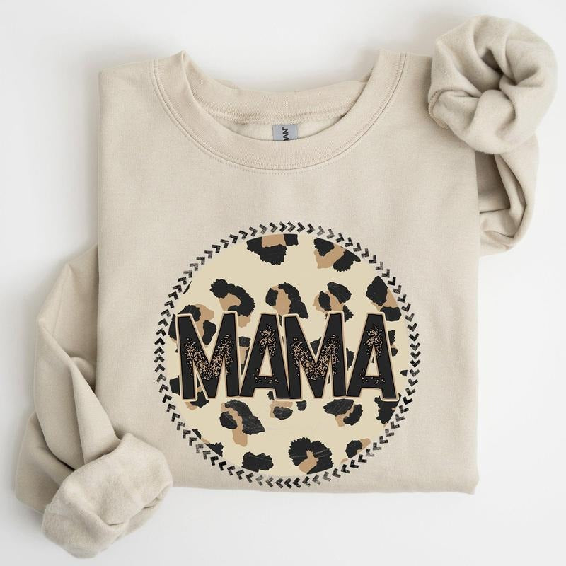 Mama, Leopard Print Circle, Western, Cowboy Sweatshirt, Crew Neck, Women's, Crewneck