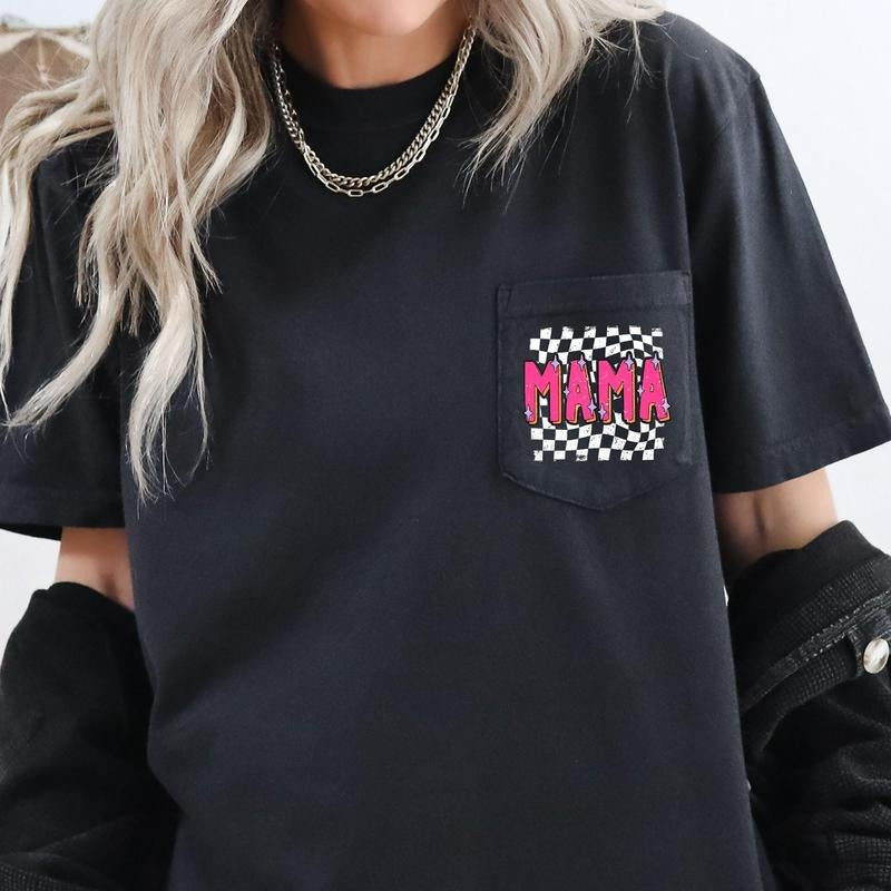 Mama, Retro Checkered, Colorful, Pocket Tee, Women's Comfort Colors Tee