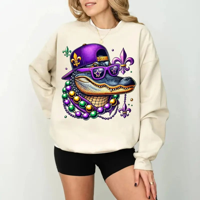 Mardi Gras Alligator Tshirt Sweatshirt Hoodie, Louisiana Crawfish Shirt, Mardi Beads Louisiana Festival New Orleans, Unisex Sweater Pullover Tee