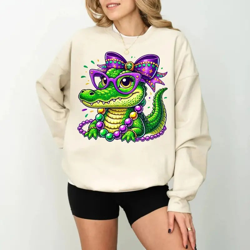 Mardi Gras Coquette Bow Tshirt Sweatshirt Hoodie, Mardi Gras Alligator, Louisiana Festival, New Orleans Carnival, Unisex Sweater Pullover Tee