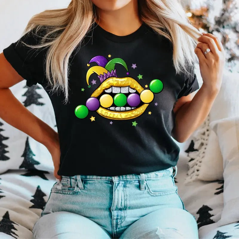 Mardi Gras Lip T-Shirt, Mardi Gras Festival  Shirt, Mardi Gras Day Tee, Carnival Mardi Gras Tee, Mardi Gras Gift Shirt For Women, Lips Fleur De Lis T-Shirt.
