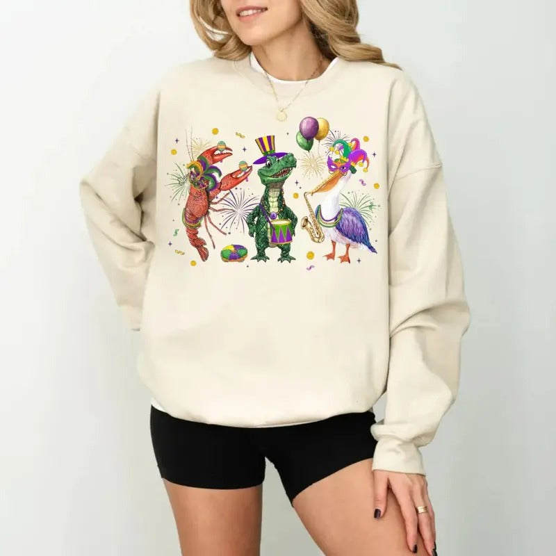 Mardi Gras Tshirt Sweatshirt Hoodie, Crocodile Crawfish Pelican, New Orleans Mardi Gras Shirt, Festival Shirt, Unisex Sweater Pullover Tee