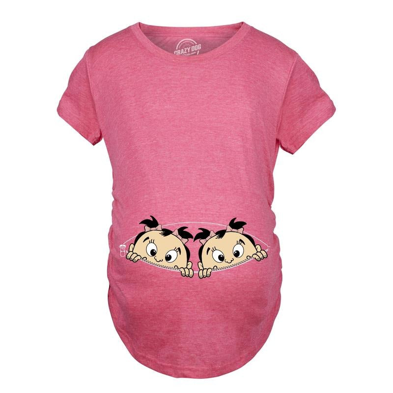 Maternity Peeking Twin Girls T Shirt Cute Adorable Pregnancy Tee For Mom To Be Funny Graphic Maternity Tee Cute Pregnancy Tees With Plus Sizes Funny Maternity Short Sleeve Funny Maternity Shirts Dark Grey