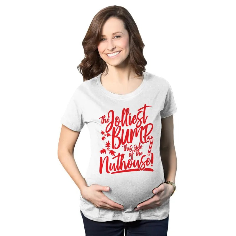 Maternity The Jolliest Bump This Side Of The Nuthouse Pregnancy T Shirt Cute Christmas Tee Funny Graphic Maternity Tee Cute Pregnancy Tees With Plus Sizes Christmas Maternity Wear Funny Movie Short White
