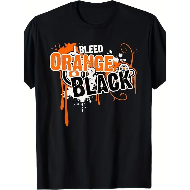 Mature Style Cotton T-Shirt, Geometric Pattern, Crew Neck, Short Sleeve, Regular Fit, All-Season, Daily & Casual Wear - "I Bleed Orange & Black" Sports Team Game Day Tee Made in USA