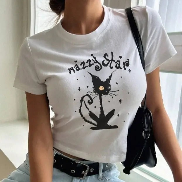 Mazzy Star-Top corto para mujer, camiseta Harajuku de los años 2000, playera Kawaii para amantes de los gatos, camiseta de bebé Y2k, camisetas cortas para mujer