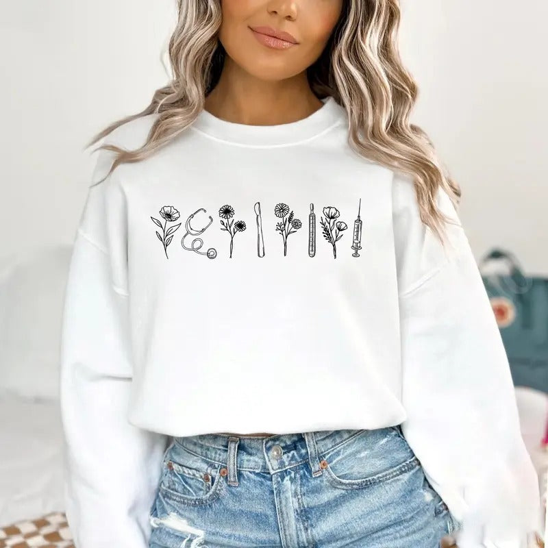 Medical Sweatshirt - Wildflower Shirt | Nurse Modern Minimalist Shirt | Doctor RN Gift | Nursing Floral Shirt | NICU Nurse | Graduation Gift Fabric Fit