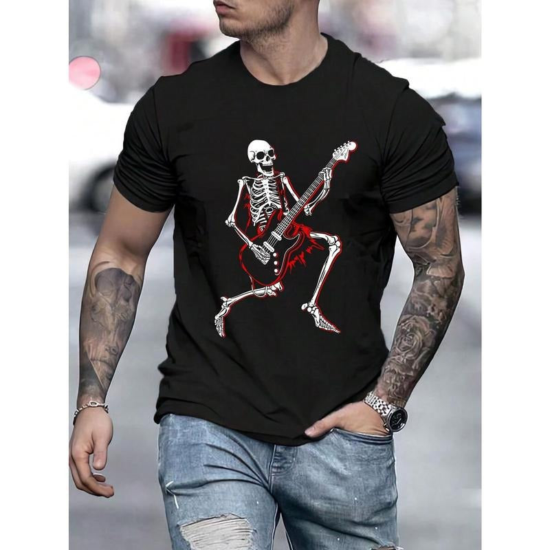 Men Guitar & Skeleton Print Tee Made in USA