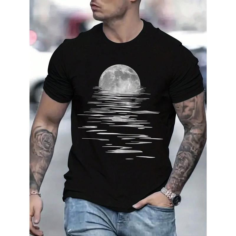 Men Moon Print Tee For Spring And Summer Made in USA