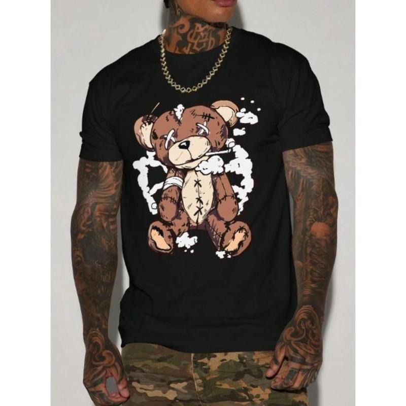 Men's Bear Print Round Neck Short Sleeve T-Shirt Made In USA