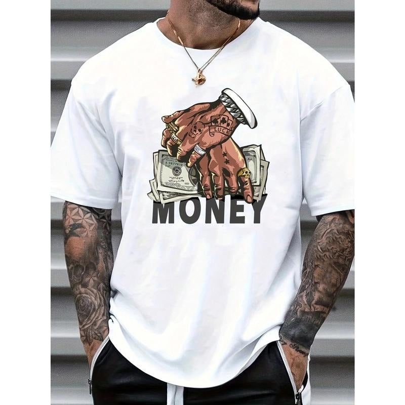 Men's Casual Hand Gesture & Letter Print T-Shirt, Summer Made in USA