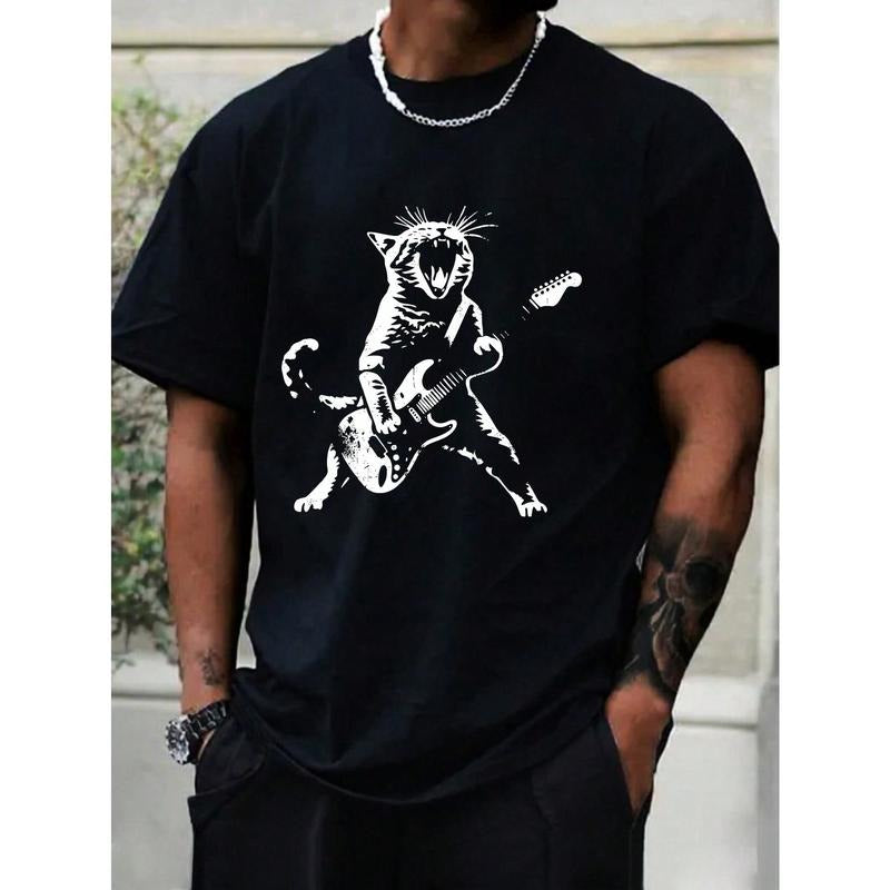 Men's Cat Playing Guitar Printed T-Shirt Made in USA